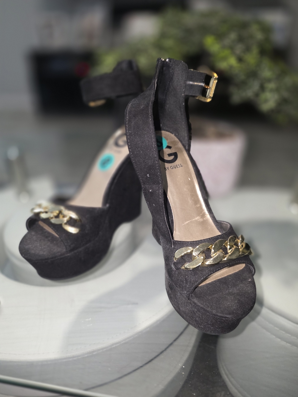 GUESS Black Platform Sandals with Gold Chain Accent